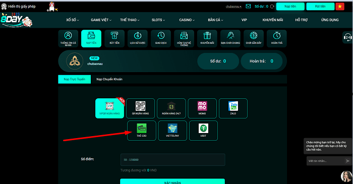 Chọn mục nạp tiền vào tài khoản bằng thẻ cào.