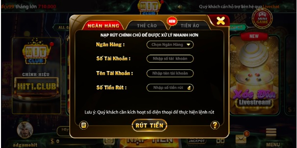 Rút tiền Hit Club bằng hình thức thông qua ngân hàng