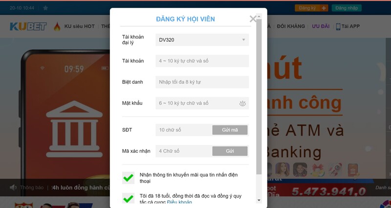 Giao diện đăng ký tài khoản tại Kubet