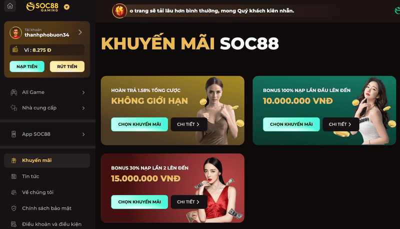 Tham gia SOC88, tận hưởng vô vàn khuyến mãi giá trị để bắt đầu hành trình chinh phục chiến thắng